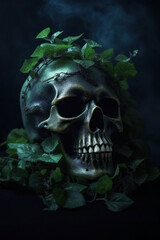 skull with vines and ivy growing on it. life and death concept art.