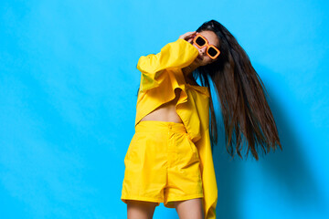yellow woman fashion style attractive girl sunglasses young lifestyle beautiful trendy