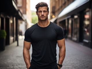 Male model in a classic black cotton T-shirt on a city street