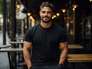 Male model in a classic black cotton T-shirt on a city street 