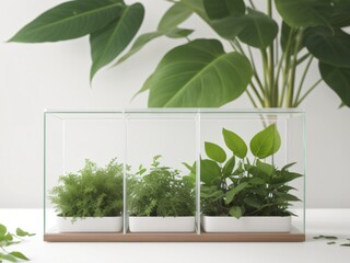 Image featuring green plant stems enclosed within a glass container, embodying the concept of environmental protection and biological research. Created with generative AI tools