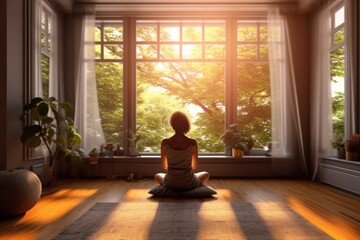 Woman Meditating in Room. Woman Sitting Near Big Window with Forest Landscape. Generative AI.