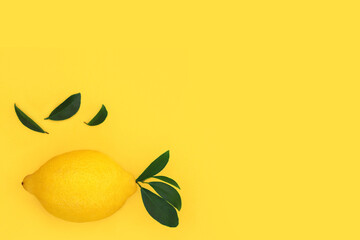 Lemon citrus fruit health food for losing weight concept. Abstract minimal design with leaves on yellow background. High in bio flavonoids, antioxidants, vitamin c.  