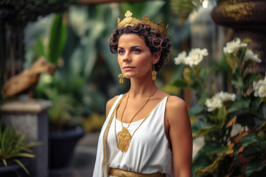 Portrait of queen walking in a garden in ancient Greece (Generative AI)