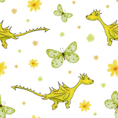 Seamless watercolor pattern with cute little dragon and green butterfly. Hand drawing. Digital watercolor. Flowers, dragon and butterfly. Design for a children's room.