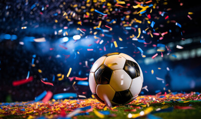 Football ball with celebration confetti and glitter. Winning team concept
