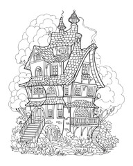 Fairy tale forest house. Coloring page