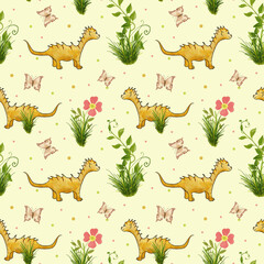 Seamless watercolor pattern with cute little dragon and butterfly. Hand drawing. Digital watercolor. Flowers, dragon and butterfly. Design for a children's room.