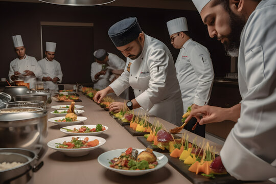 A master chef collaborating with other renowned chefs for a special culinary event, showcasing their collective talent and creating extraordinary dining experiences. Generative AI