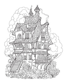 Fairy Tale Forest House. Coloring Page