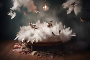 A surreal and dreamlike image of a levitating bed surrounded by a cloud of feathers, otherworldly and ethereal atmosphere. Generative AI