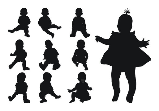 Image of a black silhouette of a baby up to a year, newborn. The child running, sitting, walking, dance, crawling, playing