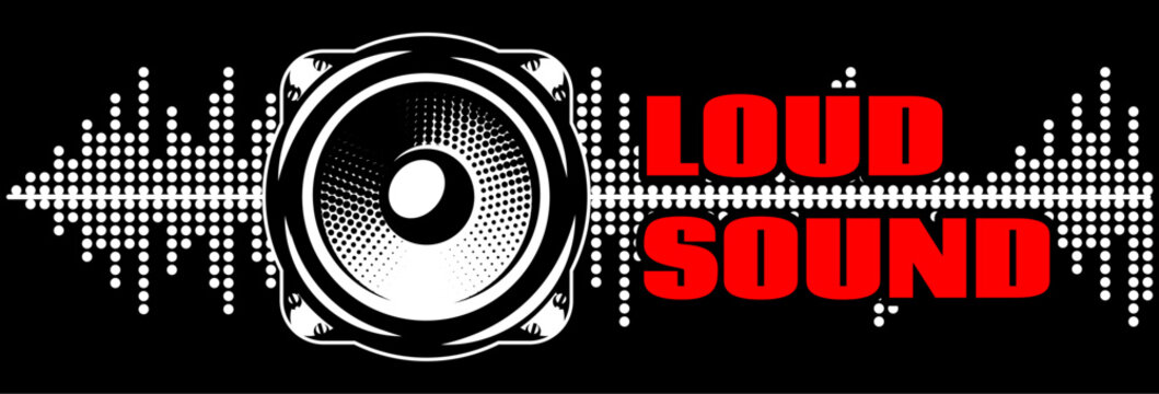 Template for advertising banner design with speaker and sound waves on black background. Vector illustration