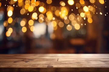Empty wooden table with bokeh lights in front of a cafe background. This mockup can be used to display or montage your products. Generative AI