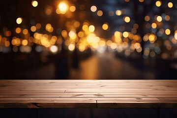 Empty wooden table with bokeh lights in front of a cafe background. This mockup can be used to display or montage your products. Generative AI