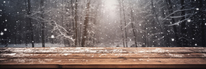 Snow falling on an empty wood table. This mockup can be used to display or montage your products. Generative AI