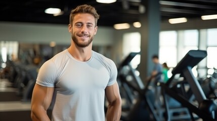 Fototapeta premium Personal man trainer smiling and fit woman in gym. wellness and healthy lifestyle.