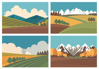 Vector illustration of landscape with mountains, trees, sky and clouds. Agricultural background in retro flat colors.