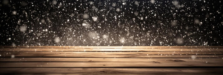 Snow falling on an empty wood table. This mockup can be used to display or montage your products. Generative AI