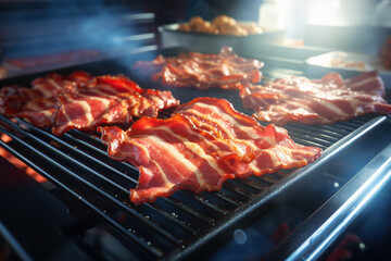 Slices of bacon sizzling on a grill