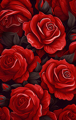 Seamless pattern with large red roses on a red background. Generative AI