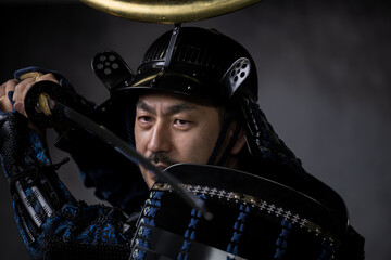 Image of cool Japanese samurai in armor Close-up