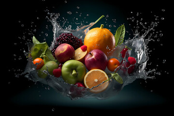 colorful fruit splashed in the water on black background