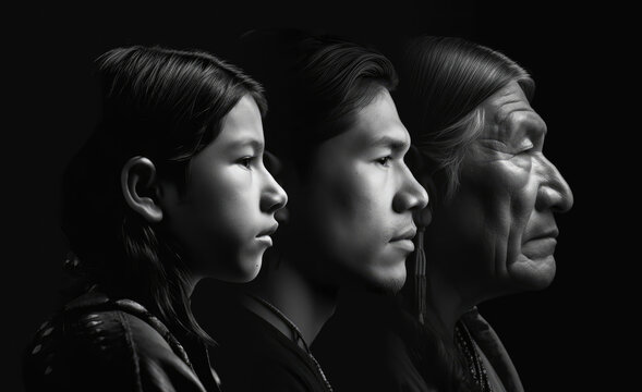 Side profile of three generations of Native American Indian men