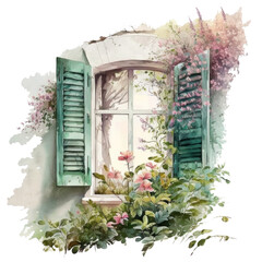 Open window with wooden shutters, pink flowers blooming around, bright spring day watercolor illustration isolated on transparent background, summer design created with Generative AI