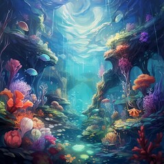 Fototapeta na wymiar The underwater world, the beauty of the ocean, with fish, bright coral reefs and amazing landscapes underwater, anime art style.