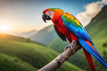 A tropical macaw perched on a weathered stone statue amidst ancient ruins in a hidden jungle,