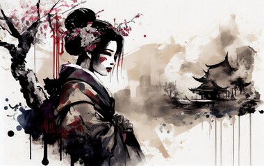 Geisha Japanese ink painting on paper background. Generative AI © Virtual Art Studio