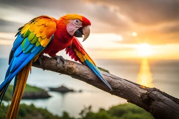 Tropical macaw perched on a swaying palm branch, vibrant feathers with a mix of azure, emerald, and golden hues, capturing the intricate patterns on its wings and the intense gaze in its eyes,
