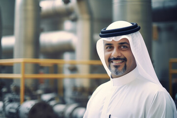 Fototapeta na wymiar Businessman Muslim Arab on oil pump background. Successful and wealthy inspire person.