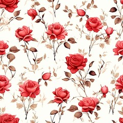 Obraz premium Abstract seamless floral pattern with red roses flowers. Floral design backdrop. AI illustration. For background, texture, wrapper&nbsp;pattern, frame or border..