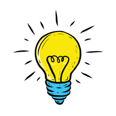 Hand Drawn vector light bulb. Glowing light bulb sketch. Vintage style light bulb. Isolated Light Bulb Illustration. Clean Energy and Renewable Power Concept. Hand Drawn Vector Glowing Lamp.