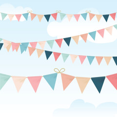Realistic Detailed 3d Bunting Garland Pennant Flags Set on a Blue Sky Background. Vector illustration of Party Concept