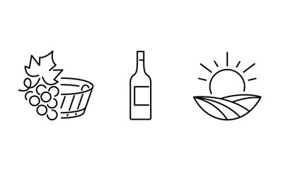 Wine line icons set. Vector line icons. Contains such icons as wine barrel , wineglass, grape leaves and more. Design signs for banner, web page, mobile app, restaurant. Vector illustration