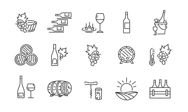 Wine line icons set. Vector line icons. Contains such icons as wine barrel , wineglass, grape leaves and more. Design signs for banner, web page, mobile app, restaurant. Vector illustration
