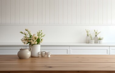 Empty wooden table top with left decorative plant