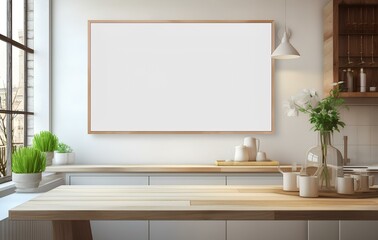 Empty wooden table top with abstract warm living room decor and blank frame