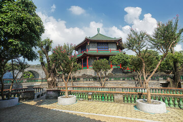 Guangzhou, Guangdong, China. Baomo Garden is located in Panyu District. The garden features common elements of Chinese Lingnan garden architecture such as ponds, bridges, pavilions. 