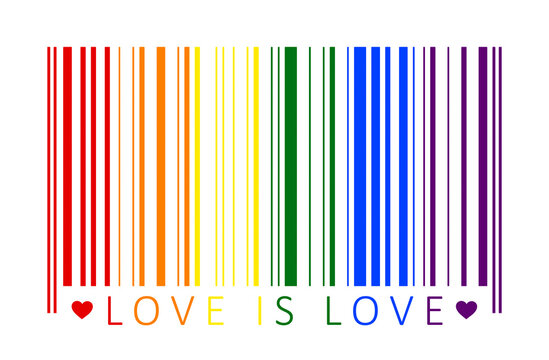 Rainbow or pride colored bar code with phrase 'Love is love' on white background. LGBT movement flag, gay pride and commercialism concept. Abstract conceptual illustration.