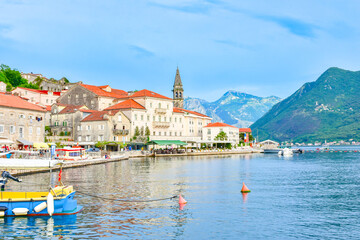 View of historic city of Perast in the famous Bay of Kotor in Montenegro, southern Europe