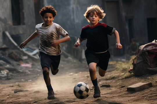 Two boys playing football, wearing football shirts