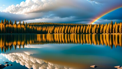 Fototapeta na wymiar Photo of a vibrant rainbow reflecting in a serene lake