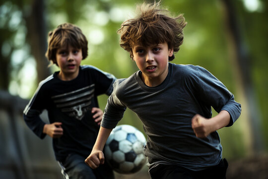 Two boys playing football, wearing football shirts