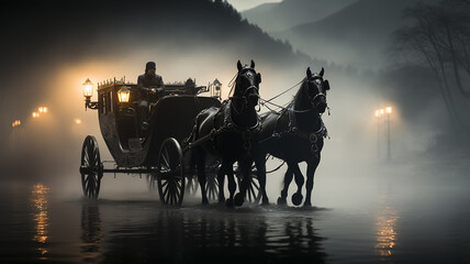a cab a horse drawn carriage in the night fog detective old europe - obrazy, fototapety, plakaty