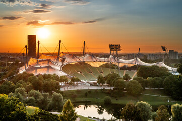View of the Olympic stadium at olympiapark in the city of Munich