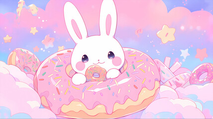 Obraz premium hand drawn cartoon illustration of cute rabbit eating dessert cake 